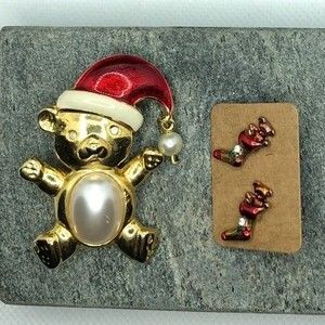 Christmas Bear Broach & Stocking Earrings